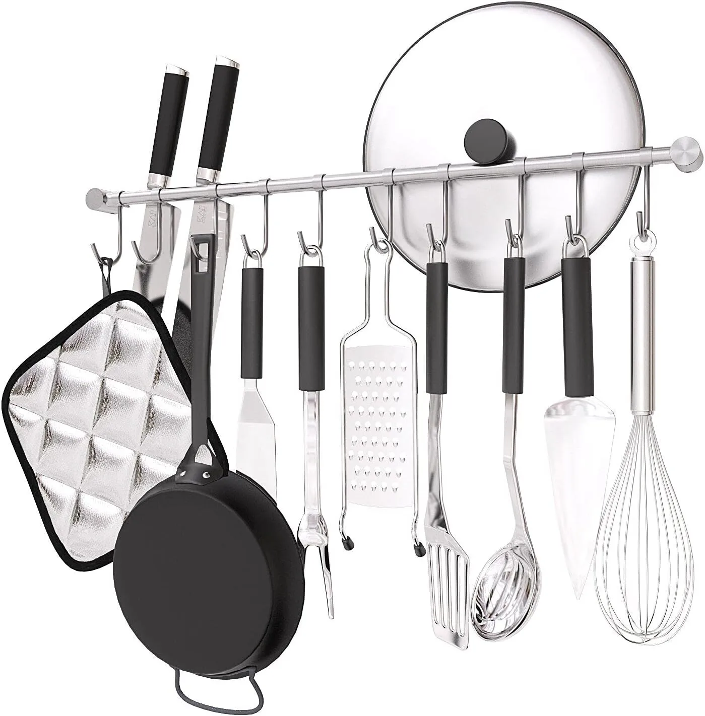 Kitchen Hanging Rack, 20 Inch Wall-Mounted Pot Holder with 10 Quiet Sliding Hooks, Rail Organizer Utensil Holder Bar for Cooking Spatulas Cups, Made of 304 Stainless Steel. (Silver)