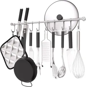 Kitchen Hanging Rack, 20 Inch Wall-Mounted Pot Holder with 10 Quiet Sliding Hooks, Rail Organizer Utensil Holder Bar for Cooking Spatulas Cups, Made of 304 Stainless Steel. (Silver)