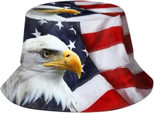 KiuLoam American Flag Eagle Unisex Bucket Hats,Packable Fisherman Hats Outdoor Summer Travel Hiking Beach Caps for Men Women