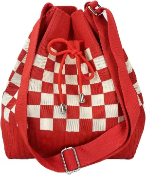 Knit Bucket Bag Women 2025 Trendy Spring Crochet Knitted Drawstring Shoulder Bags Crossbody Purse Geometric Pattern