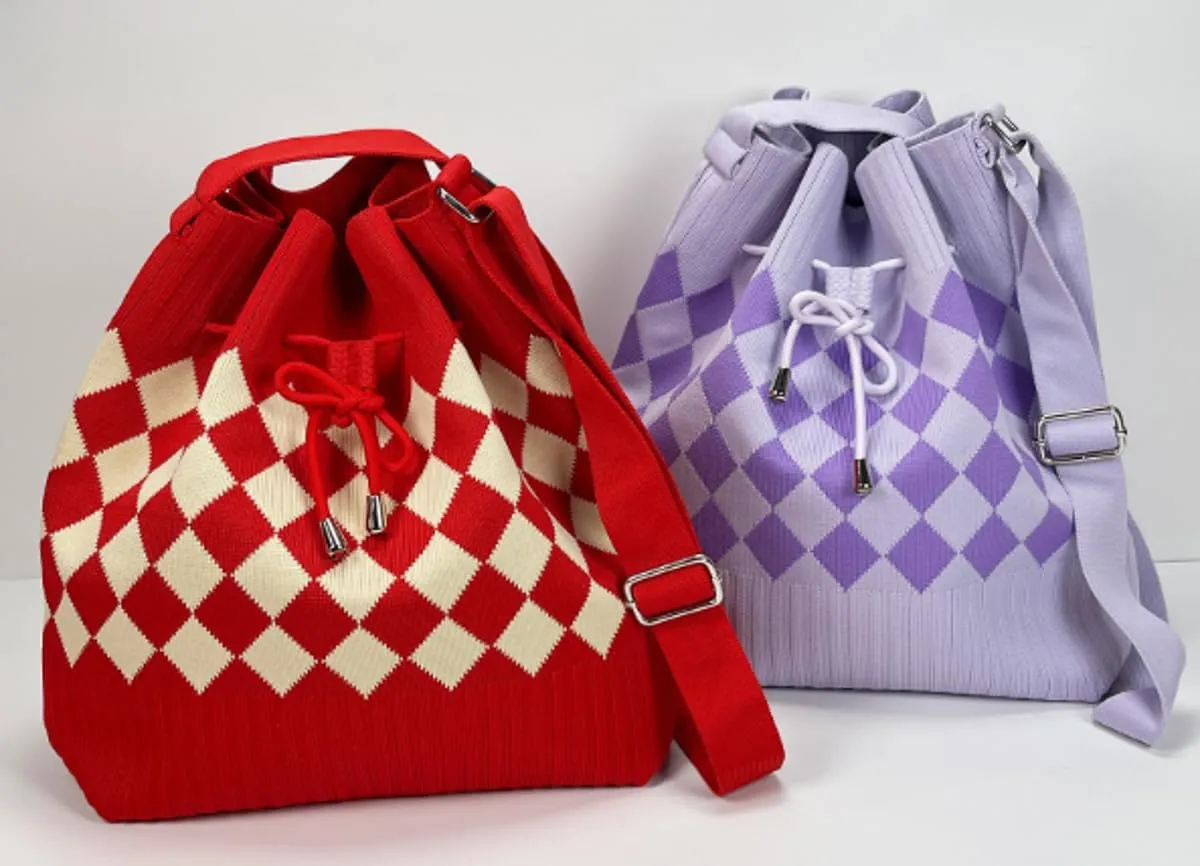 Knit Bucket Bag Women 2025 Trendy Spring Crochet Knitted Drawstring Shoulder Bags Crossbody Purse Geometric Pattern