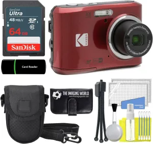Kodak PIXPRO FZ45 16MP Digital Camera 4X Optical Zoom 27mm Wide Angle 1080P Full HD Video 2.7" LCD Camera (Red)   64GB Card and Reader   Case   Memory Wallet   Tripod   Cleaning Bundle