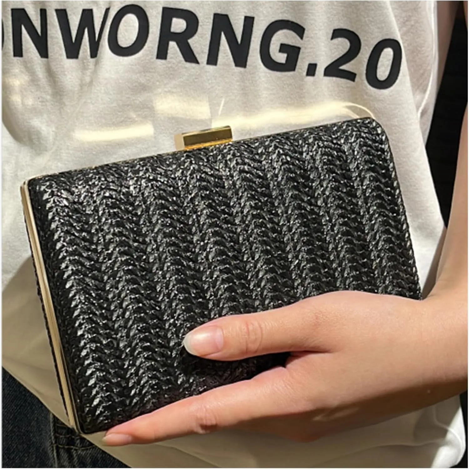 Kseymeir Straw Clutch Handbag for Women, Summer Evening Purse Chain Shoulder Crossbody Bag for Wedding, Parties
