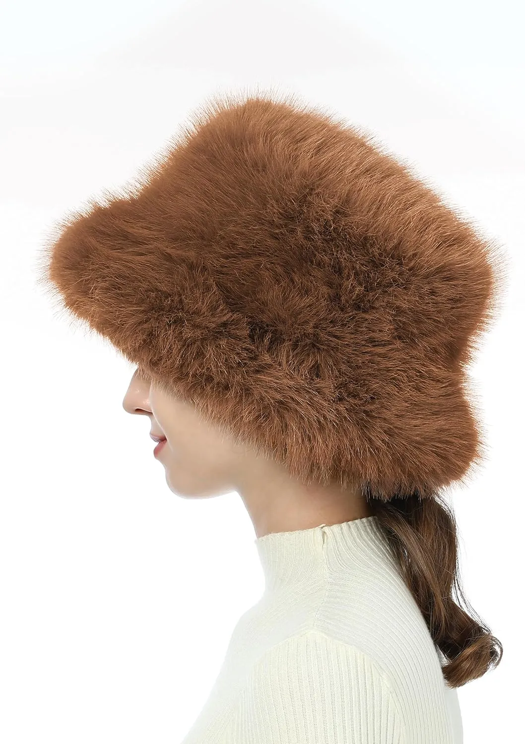 LA CARRIE Women's Fuzzy Wide Brim Faux Fur Bucket Hat Winter Warmer Fisherman Cap