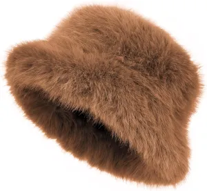 LA CARRIE Women's Fuzzy Wide Brim Faux Fur Bucket Hat Winter Warmer Fisherman Cap