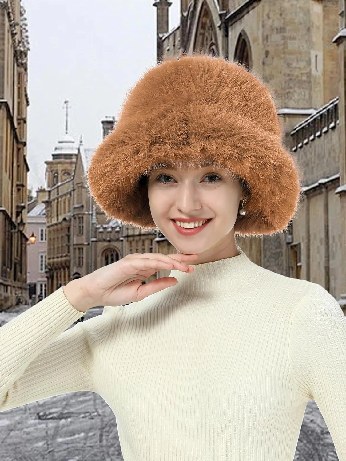 LA CARRIE Women's Fuzzy Wide Brim Faux Fur Bucket Hat Winter Warmer Fisherman Cap