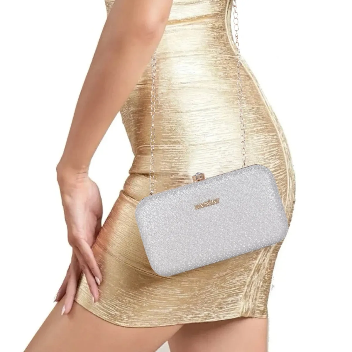 La Reat Floral Women's Oval Box Clutch Purse in Silver