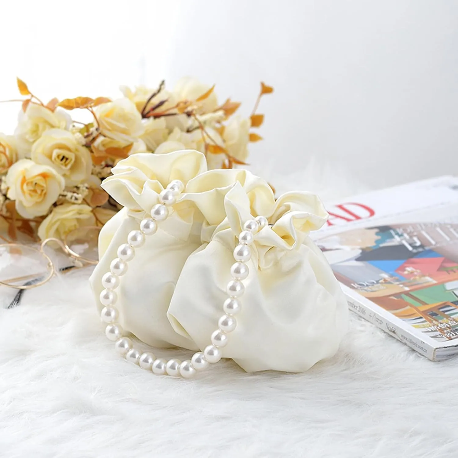 LAKSMI Mini Pearl Bracelet Bucket Bag Wristlet Purses Crossbody Handbags Little Hobo Bag with Faux Pearl Chain