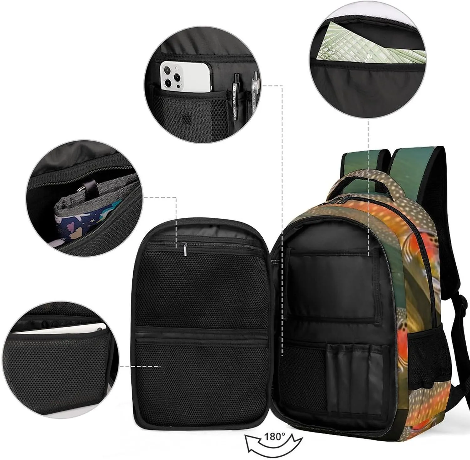 Laptop Backpack for Women Men Daypack Waterproof Brook Trout Fly Fishing Computer Bag Business Work Bag for Travel