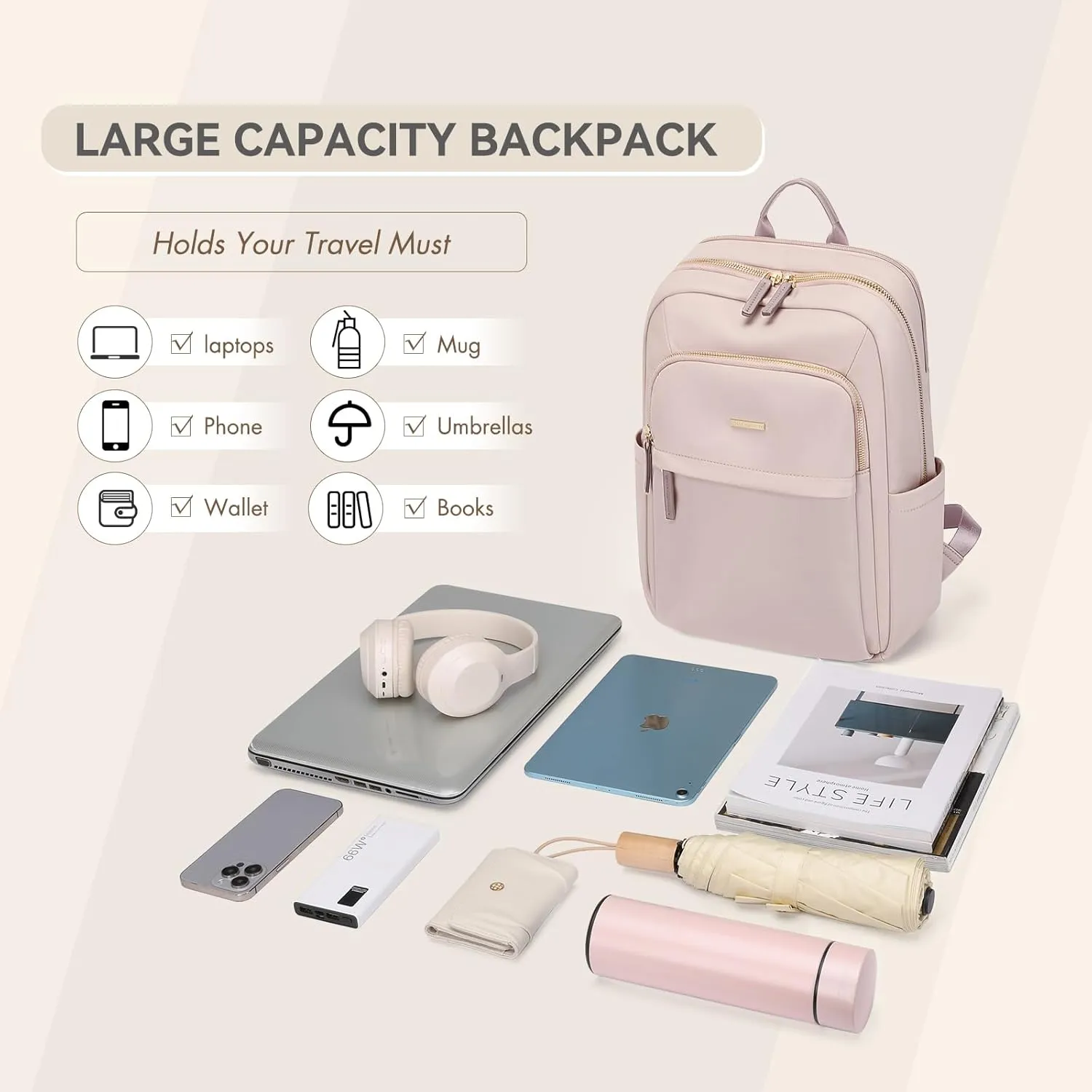 Laptop Backpack for Women Travel Work Commute Casual Daypack Backpack Purse Computer Bags Fit 16 Inch Notebook (Grayish Pink)