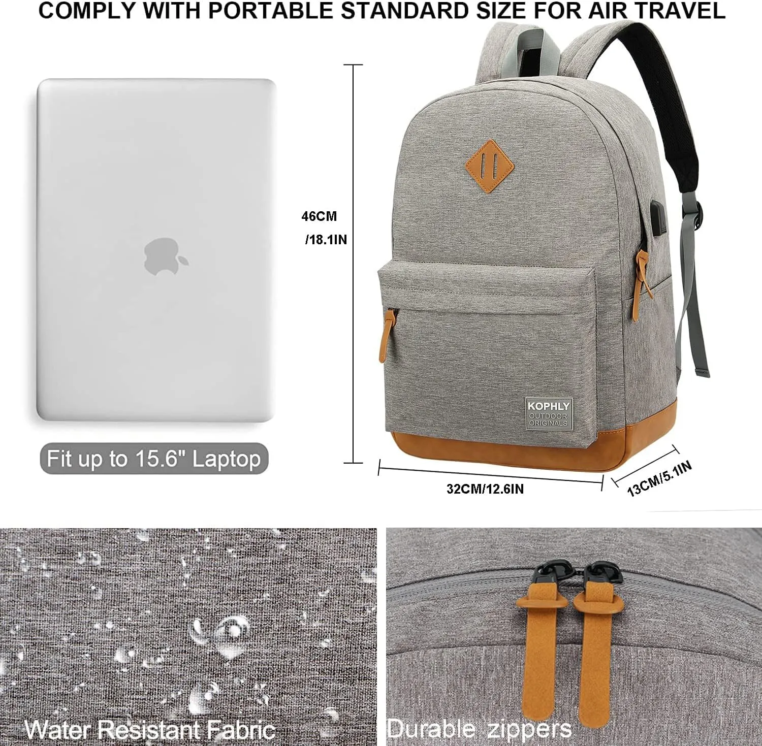Laptop Backpack with Leather Decoration, USB Charging Port, Classic Backpack for College, Work, Travel(18 Inches/Light Grey)