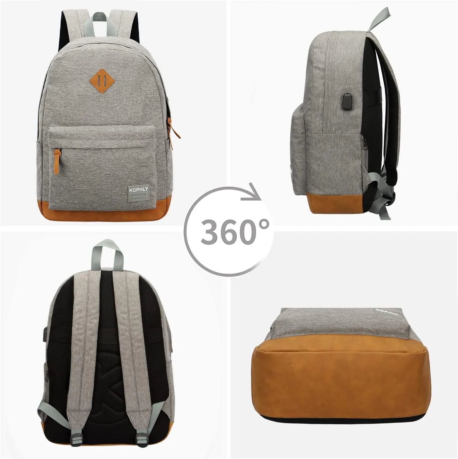 Laptop Backpack with Leather Decoration, USB Charging Port, Classic Backpack for College, Work, Travel(18 Inches/Light Grey)