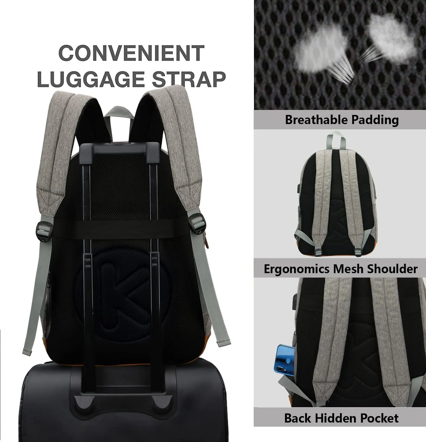Laptop Backpack with Leather Decoration, USB Charging Port, Classic Backpack for College, Work, Travel(18 Inches/Light Grey)