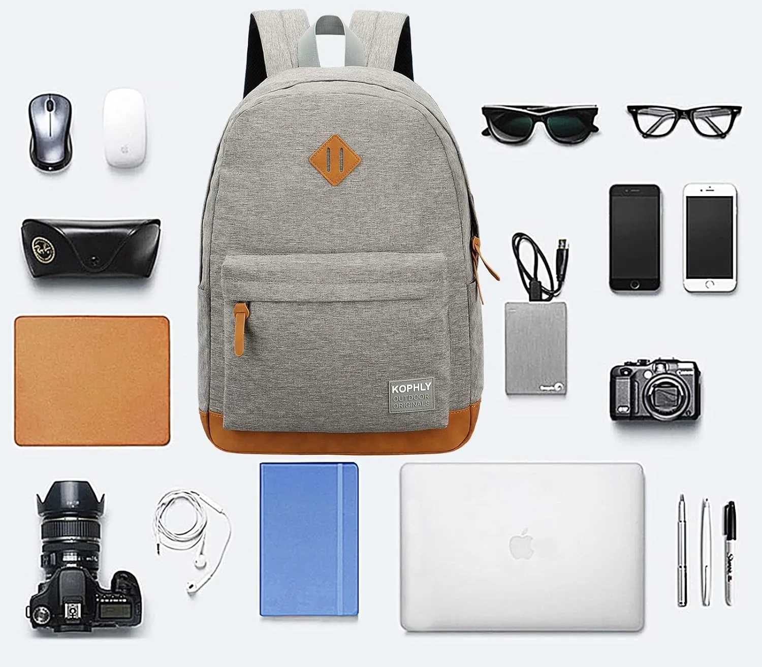 Laptop Backpack with Leather Decoration, USB Charging Port, Classic Backpack for College, Work, Travel(18 Inches/Light Grey)