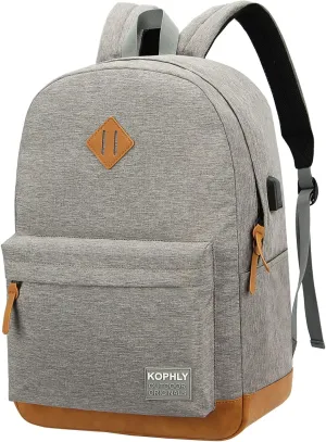 Laptop Backpack with Leather Decoration, USB Charging Port, Classic Backpack for College, Work, Travel(18 Inches/Light Grey)