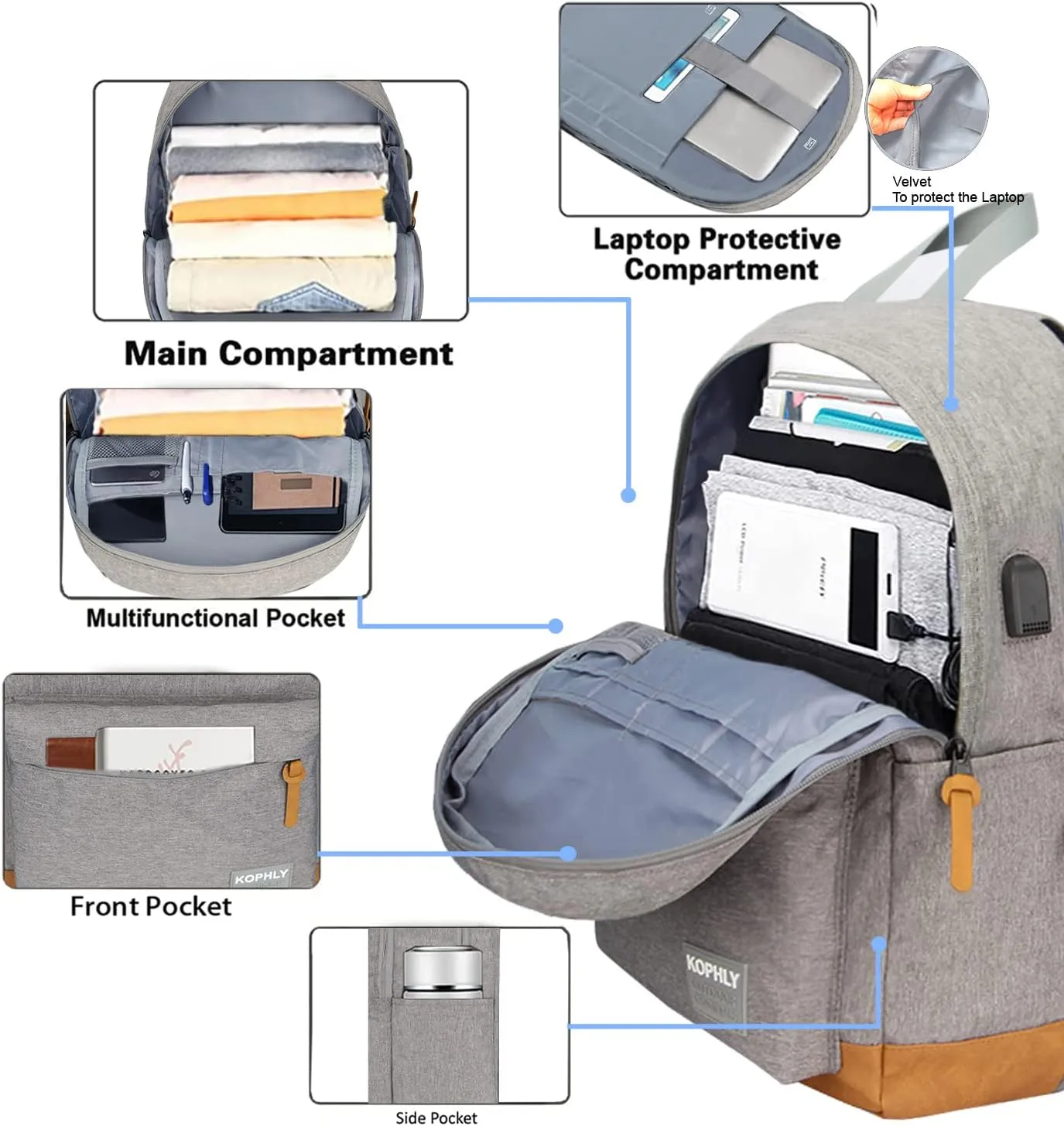 Laptop Backpack with Leather Decoration, USB Charging Port, Classic Backpack for College, Work, Travel(18 Inches/Light Grey)