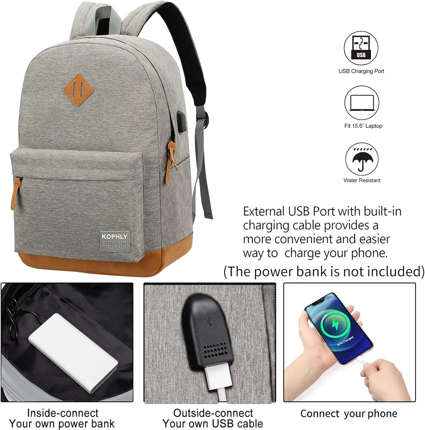Laptop Backpack with Leather Decoration, USB Charging Port, Classic Backpack for College, Work, Travel(18 Inches/Light Grey)