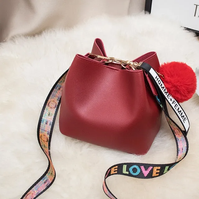 Large Capacity Bucket Bag WOMEN'S Bag 2020 New Style Fashion Mini Wide-Strap Over-the-shoulder Bag Fur Ball Bag Handbag
