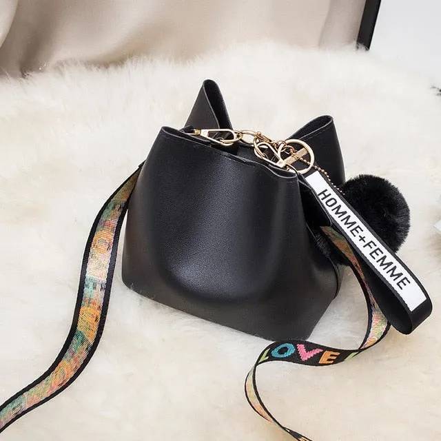 Large Capacity Bucket Bag WOMEN'S Bag 2020 New Style Fashion Mini Wide-Strap Over-the-shoulder Bag Fur Ball Bag Handbag