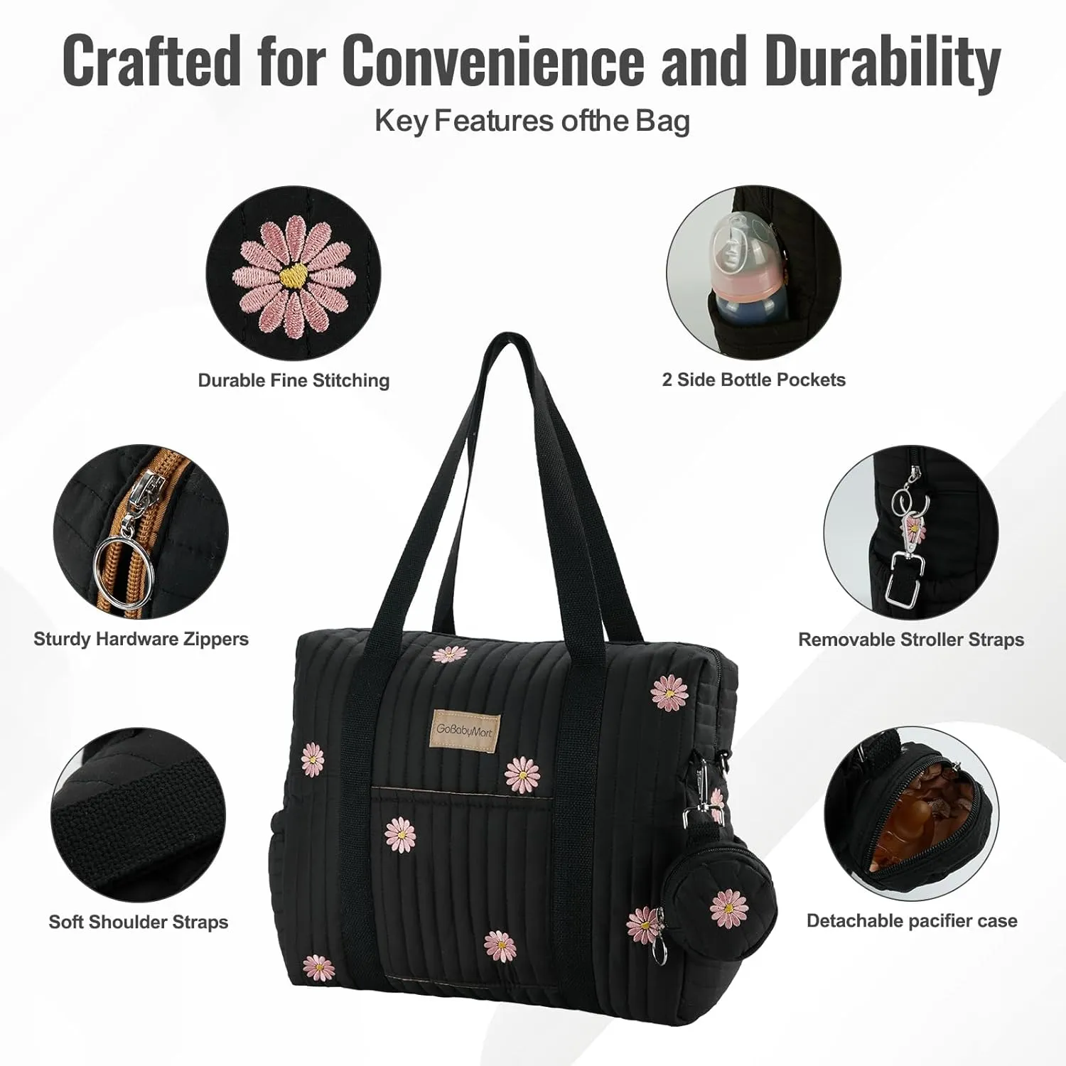 Large Diaper Bag Tote, Maternity Hospital Travel diaper tote, Multifunction baby bag, Baby Nappy Bags, Messenger bag (Medium - Black Flowers)