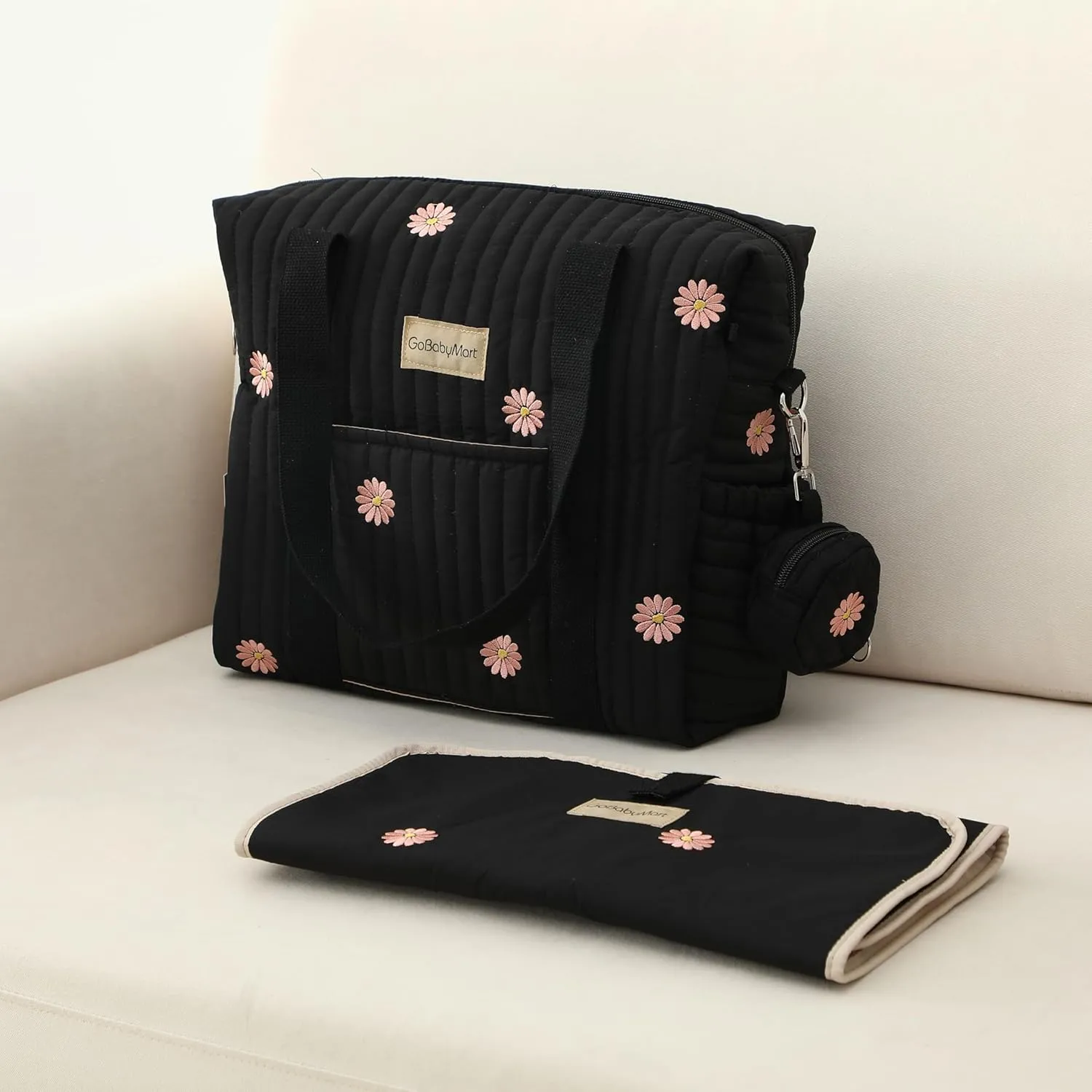 Large Diaper Bag Tote, Maternity Hospital Travel diaper tote, Multifunction baby bag, Baby Nappy Bags, Messenger bag (Medium - Black Flowers)