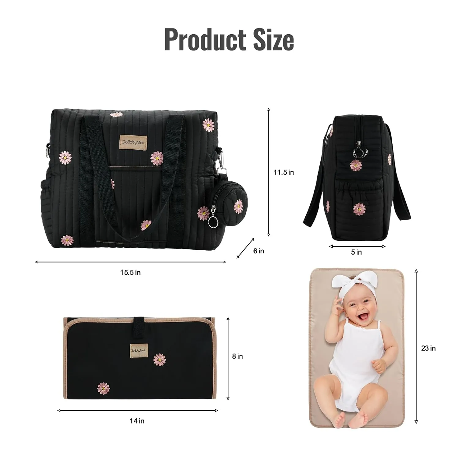 Large Diaper Bag Tote, Maternity Hospital Travel diaper tote, Multifunction baby bag, Baby Nappy Bags, Messenger bag (Medium - Black Flowers)