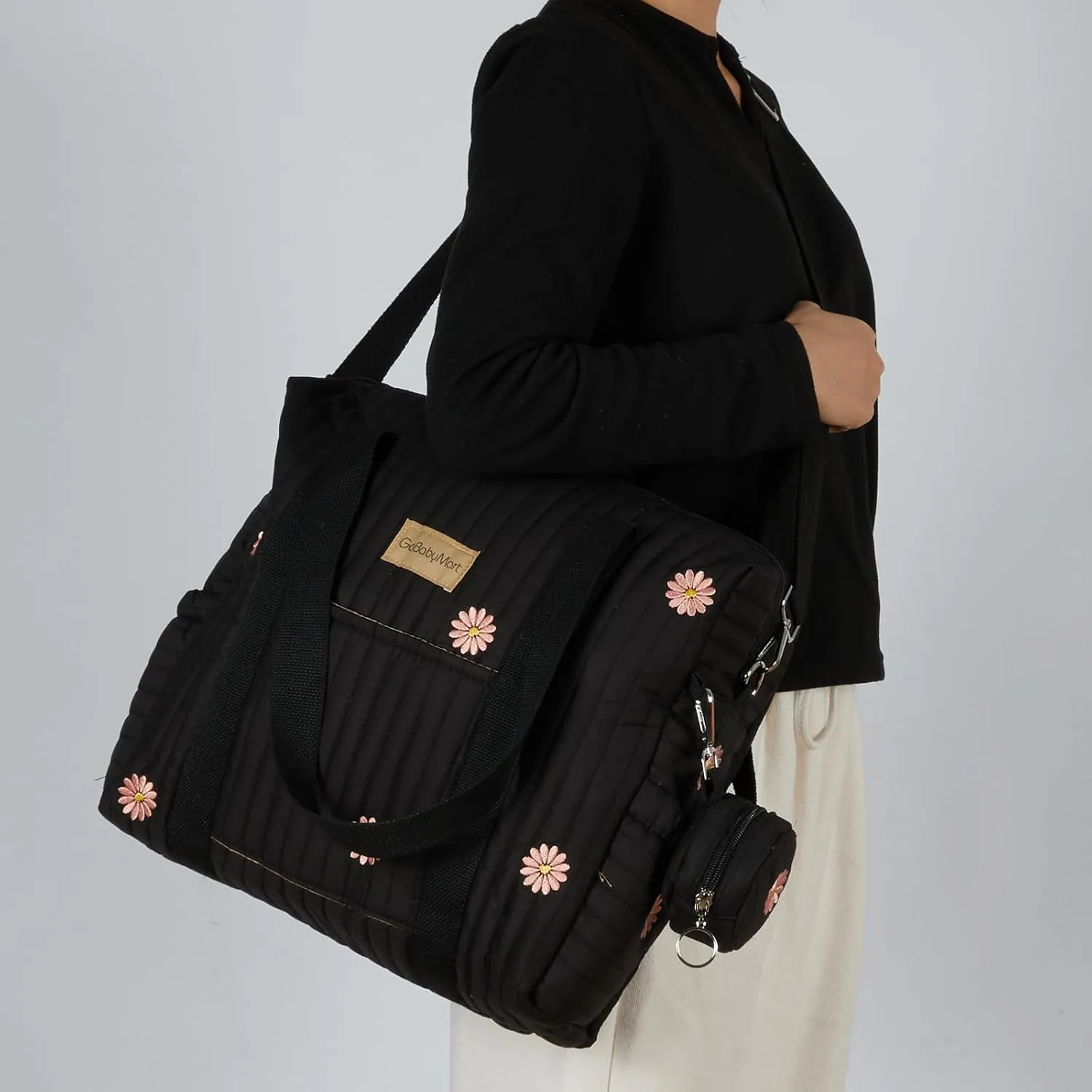 Large Diaper Bag Tote, Maternity Hospital Travel diaper tote, Multifunction baby bag, Baby Nappy Bags, Messenger bag (Medium - Black Flowers)