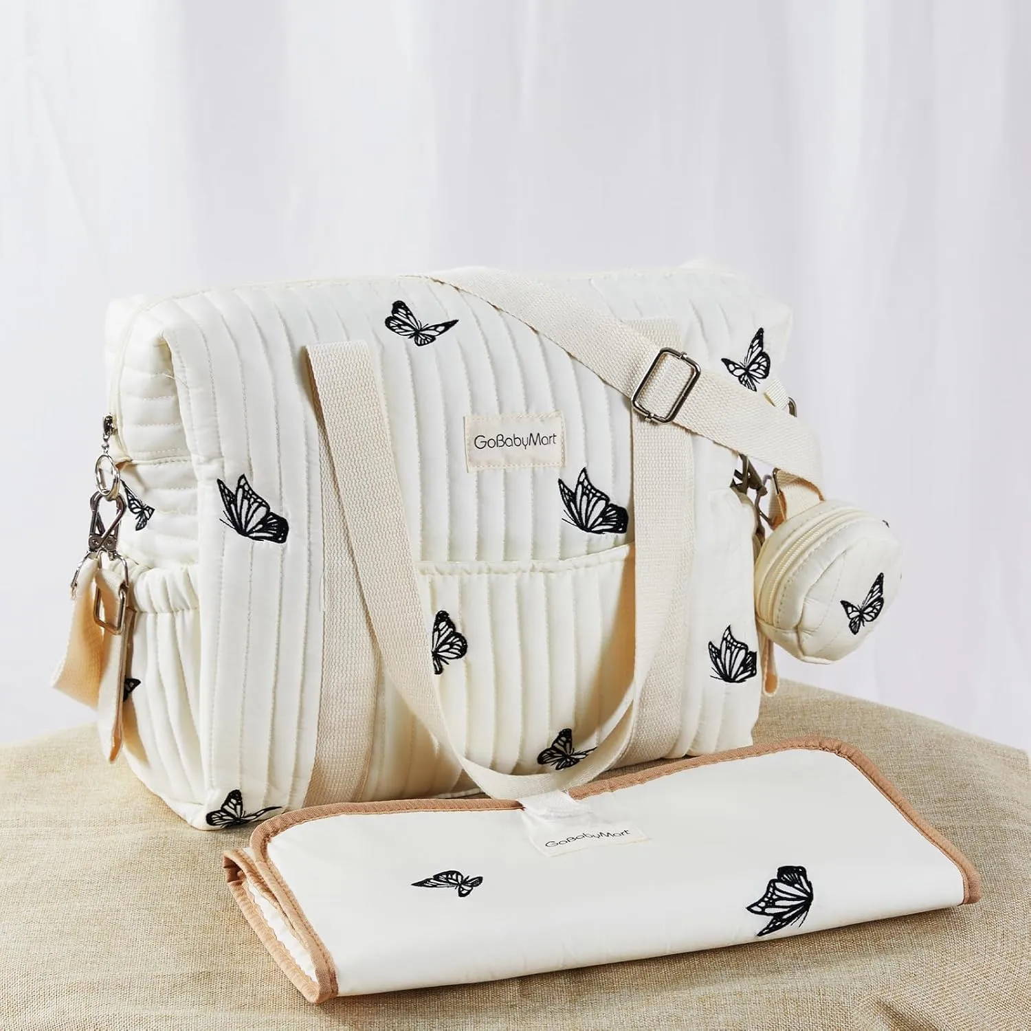 Large Diaper Bag Tote, Maternity Travel diaper tote, Multifunction baby bag, Baby Nappy Bags, Messenger bag (Medium - Beige Butterflies)