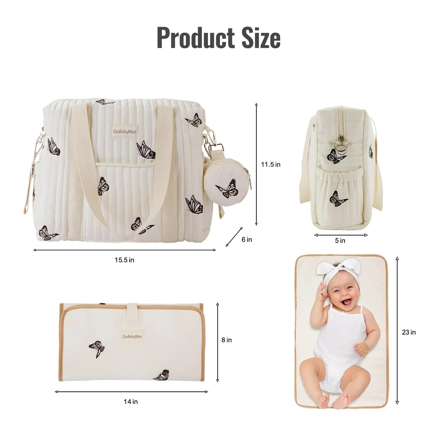 Large Diaper Bag Tote, Maternity Travel diaper tote, Multifunction baby bag, Baby Nappy Bags, Messenger bag (Medium - Beige Butterflies)
