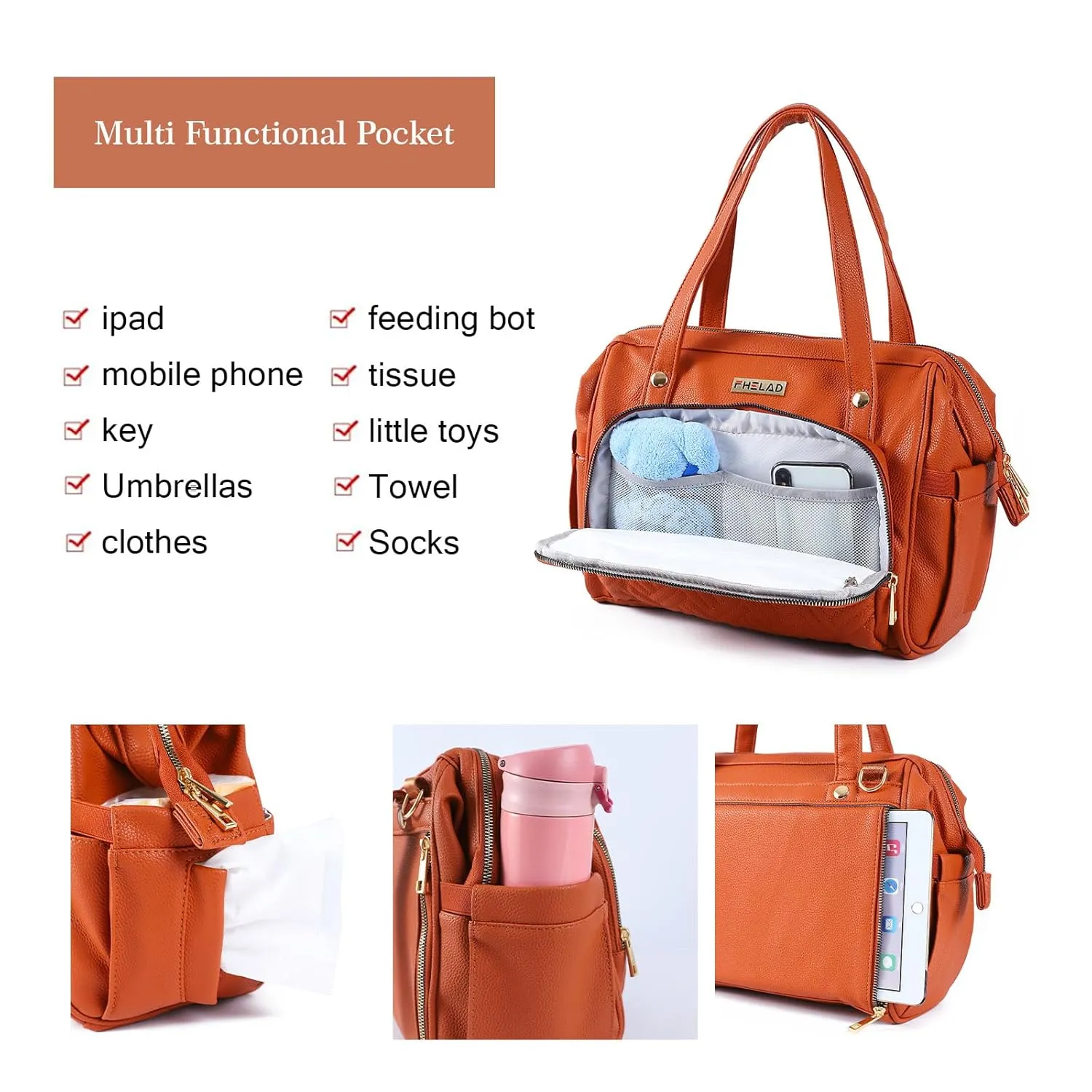 Large Diaper Bag Tote, with 13 Pocket Waterproof Baby Diaper Bag, Stylish Vegan Leather Tote, Organized Nursery Essentials​ (Dark Brown)