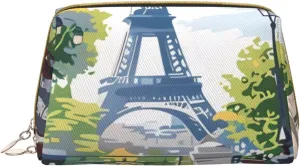 Large Travel Makeup Bag - Parisian Cafe With Eiffel Pvc Leather Portable Cosmetic Bags for Women with Zipper, Skincare Bag Makeup Pouch Toiletry Bag for Women