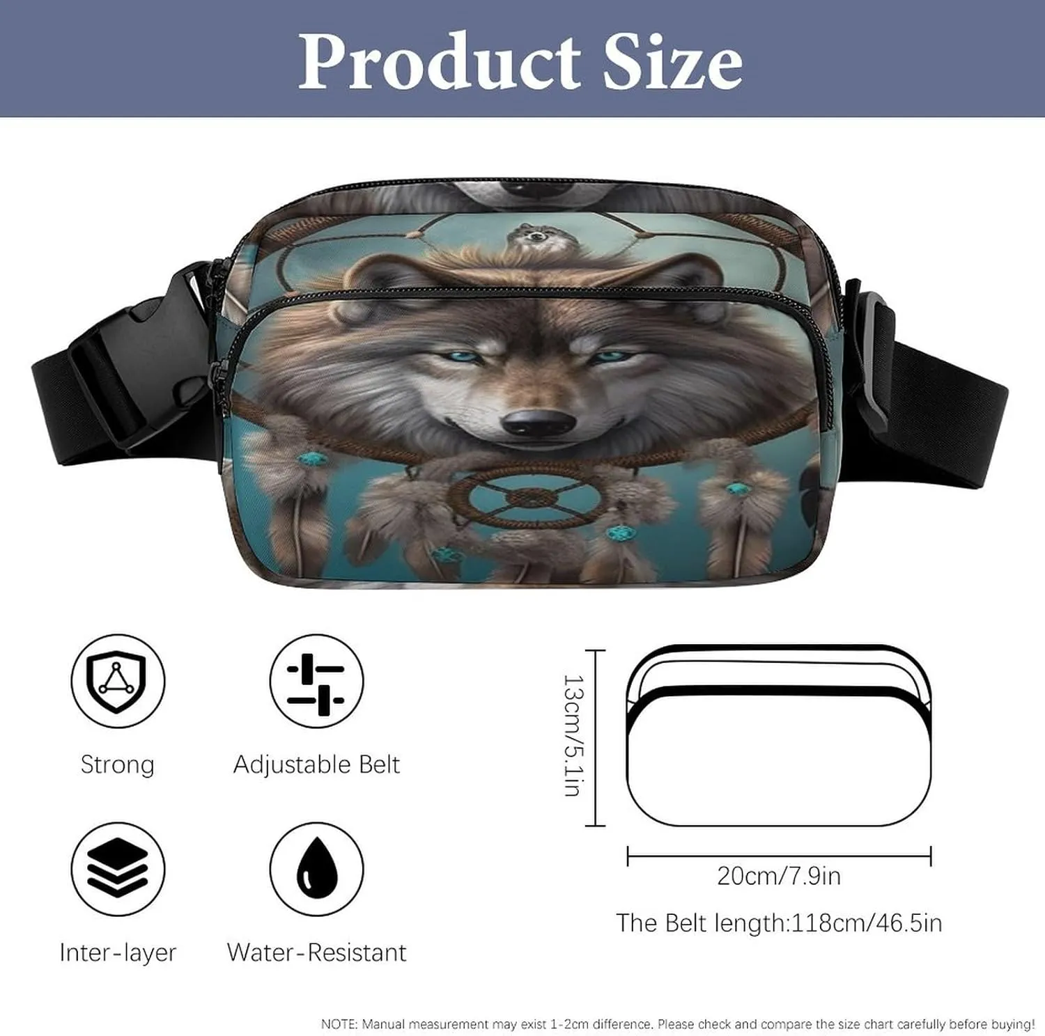 Large Waist Packs with Adjustable Strap,3D Wolf Dream Catcher CrossBody Fanny Pack Casual Bag for Travel Sports Running Hiking