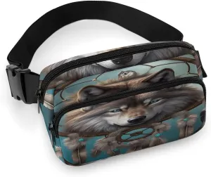 Large Waist Packs with Adjustable Strap,3D Wolf Dream Catcher CrossBody Fanny Pack Casual Bag for Travel Sports Running Hiking