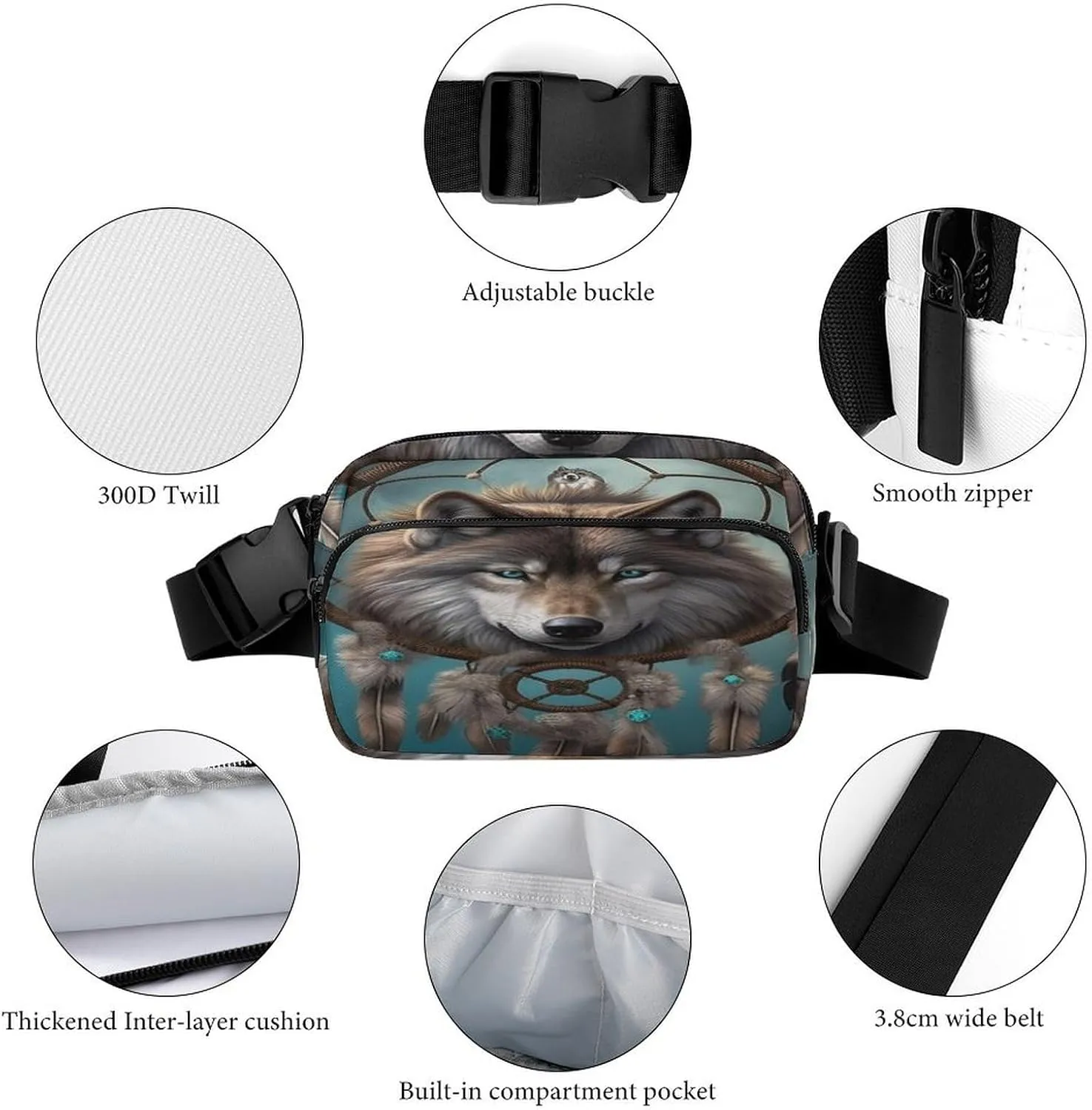 Large Waist Packs with Adjustable Strap,3D Wolf Dream Catcher CrossBody Fanny Pack Casual Bag for Travel Sports Running Hiking