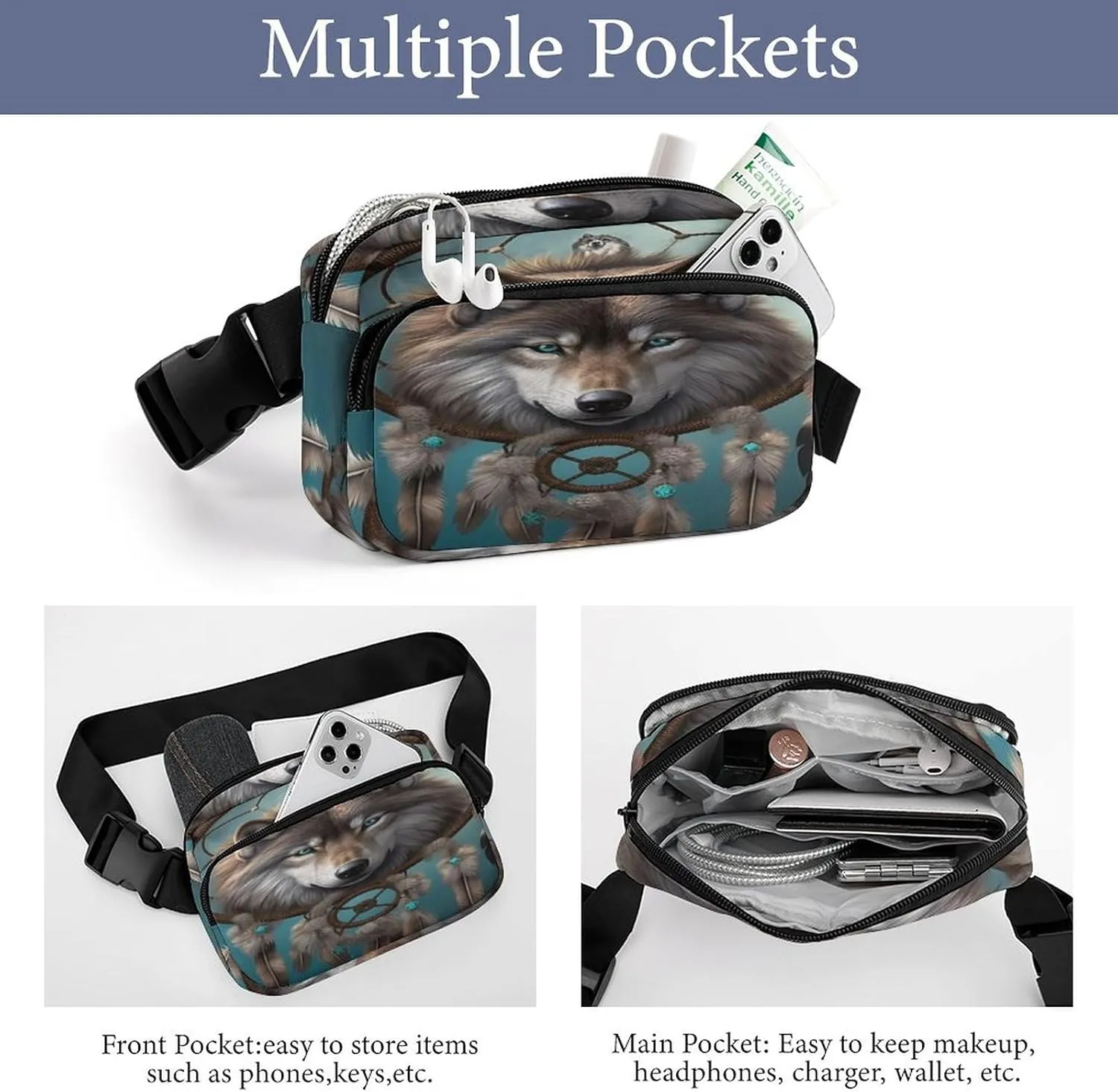 Large Waist Packs with Adjustable Strap,3D Wolf Dream Catcher CrossBody Fanny Pack Casual Bag for Travel Sports Running Hiking