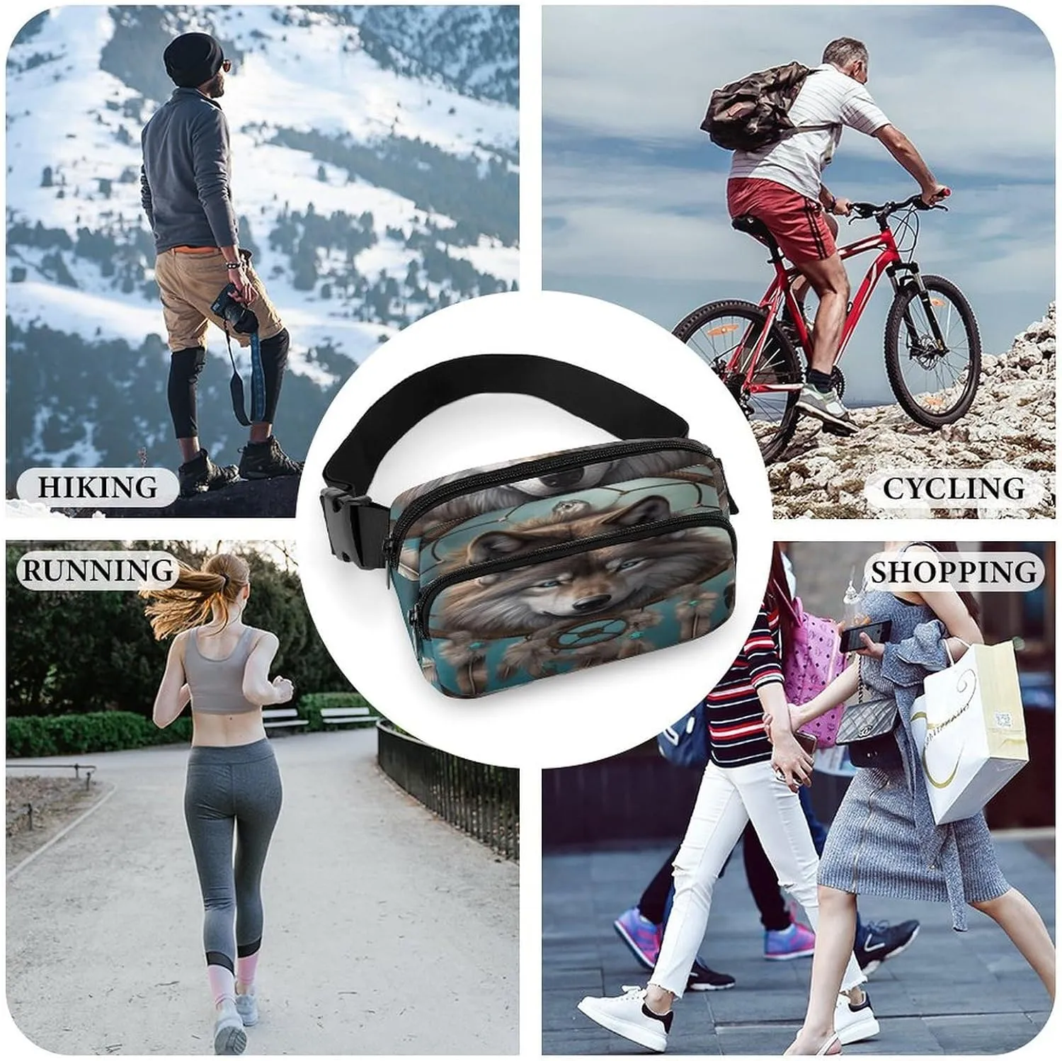 Large Waist Packs with Adjustable Strap,3D Wolf Dream Catcher CrossBody Fanny Pack Casual Bag for Travel Sports Running Hiking