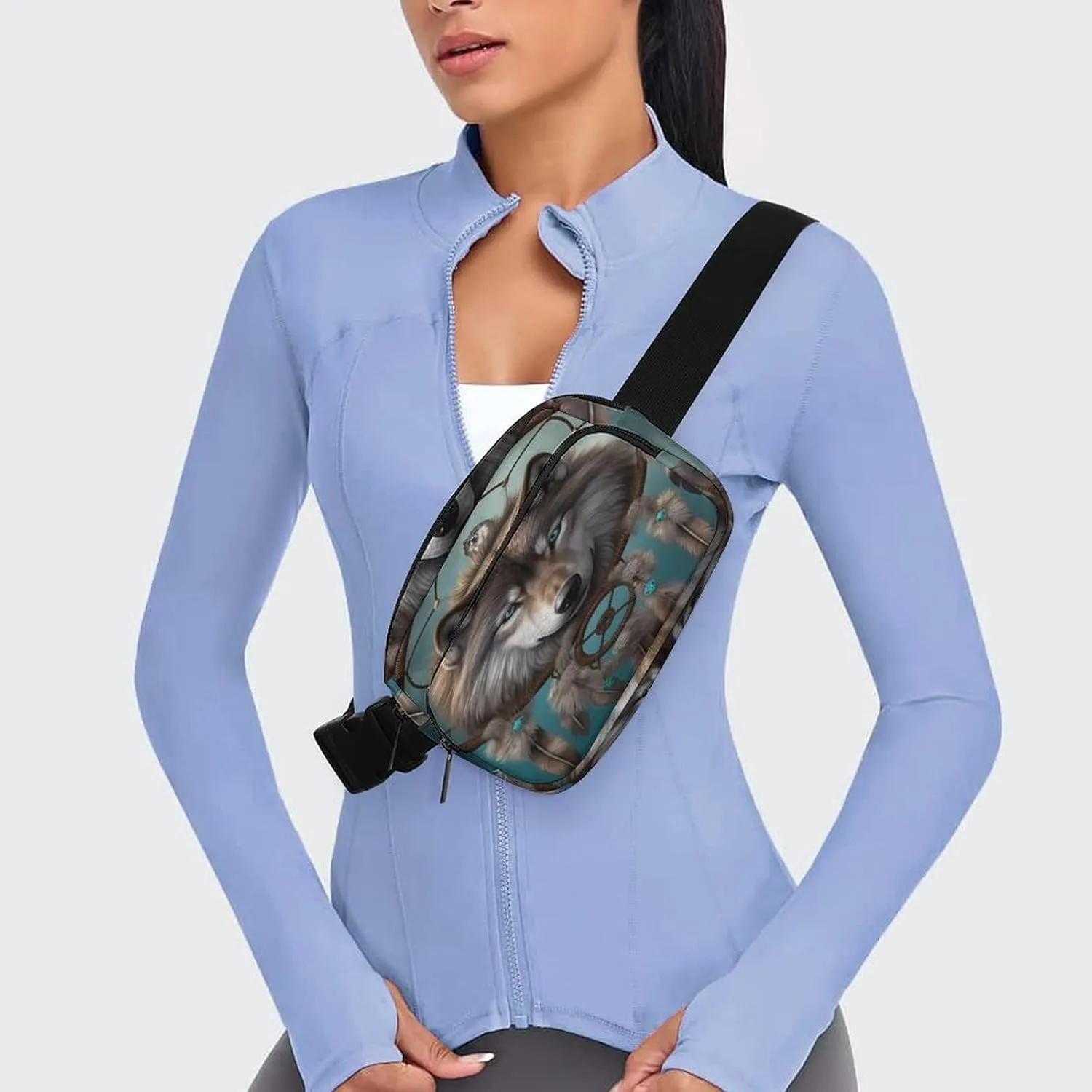 Large Waist Packs with Adjustable Strap,3D Wolf Dream Catcher CrossBody Fanny Pack Casual Bag for Travel Sports Running Hiking