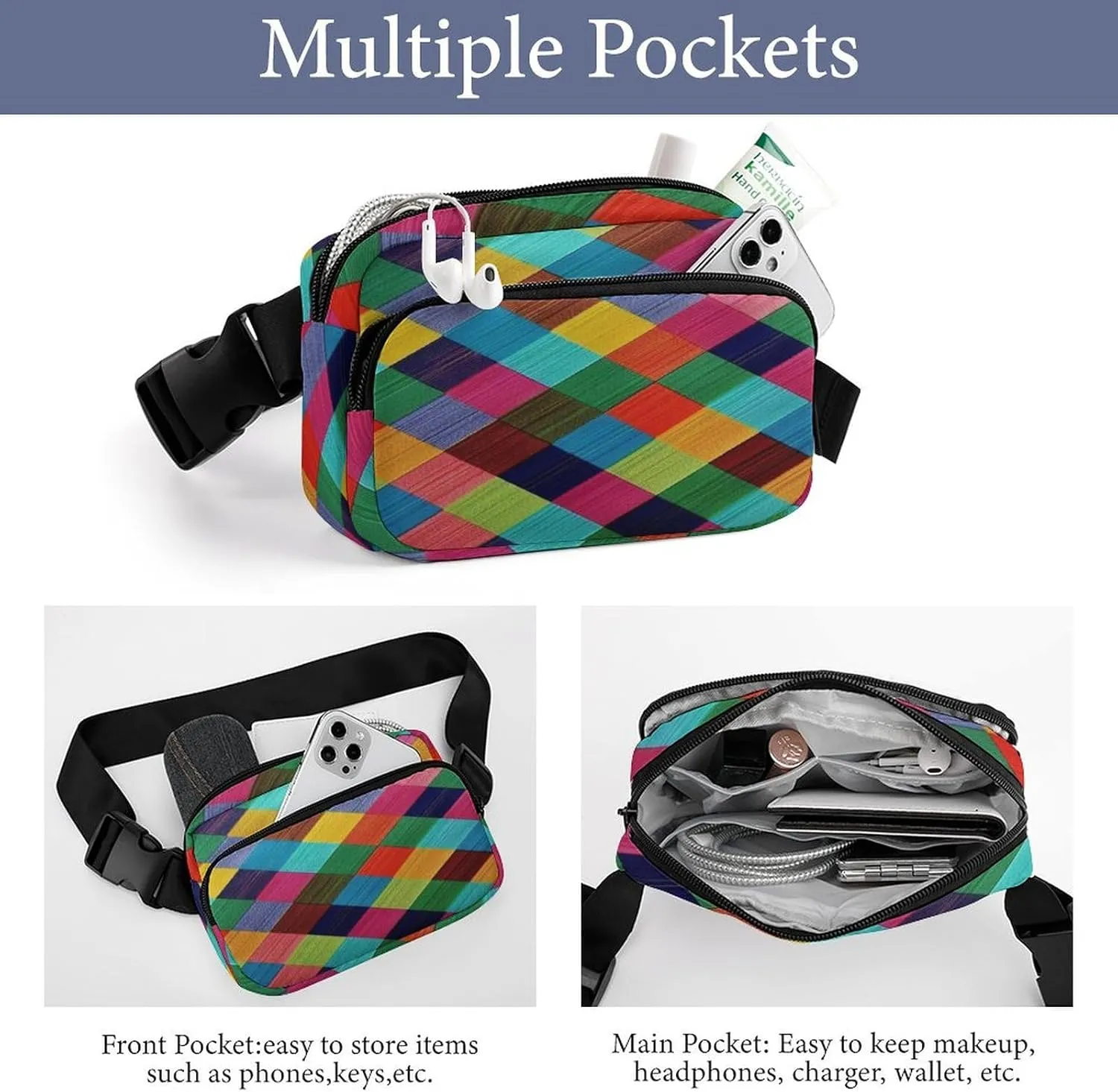 Large Waist Packs with Adjustable Strap,Colorful Plaid CrossBody Fanny Pack Casual Bag for Travel Sports Running Hiking