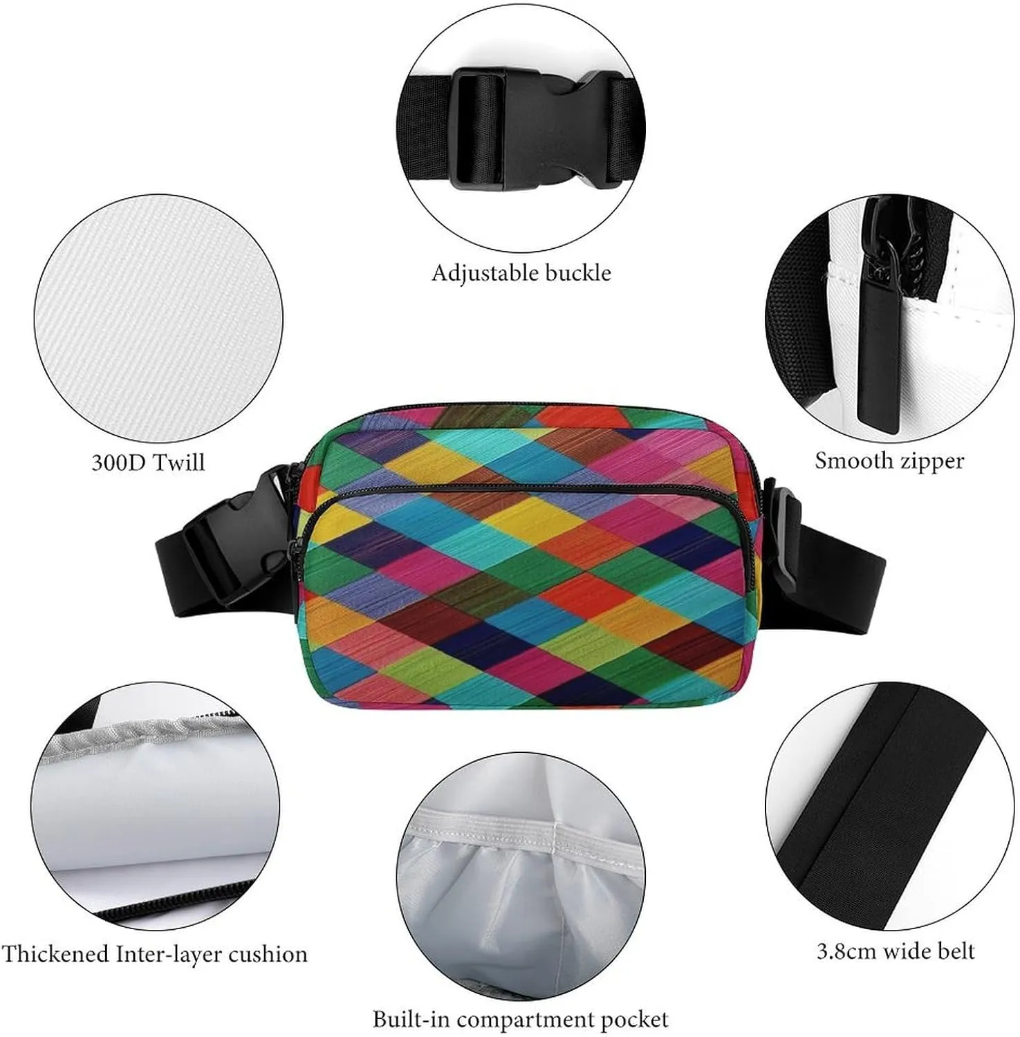 Large Waist Packs with Adjustable Strap,Colorful Plaid CrossBody Fanny Pack Casual Bag for Travel Sports Running Hiking