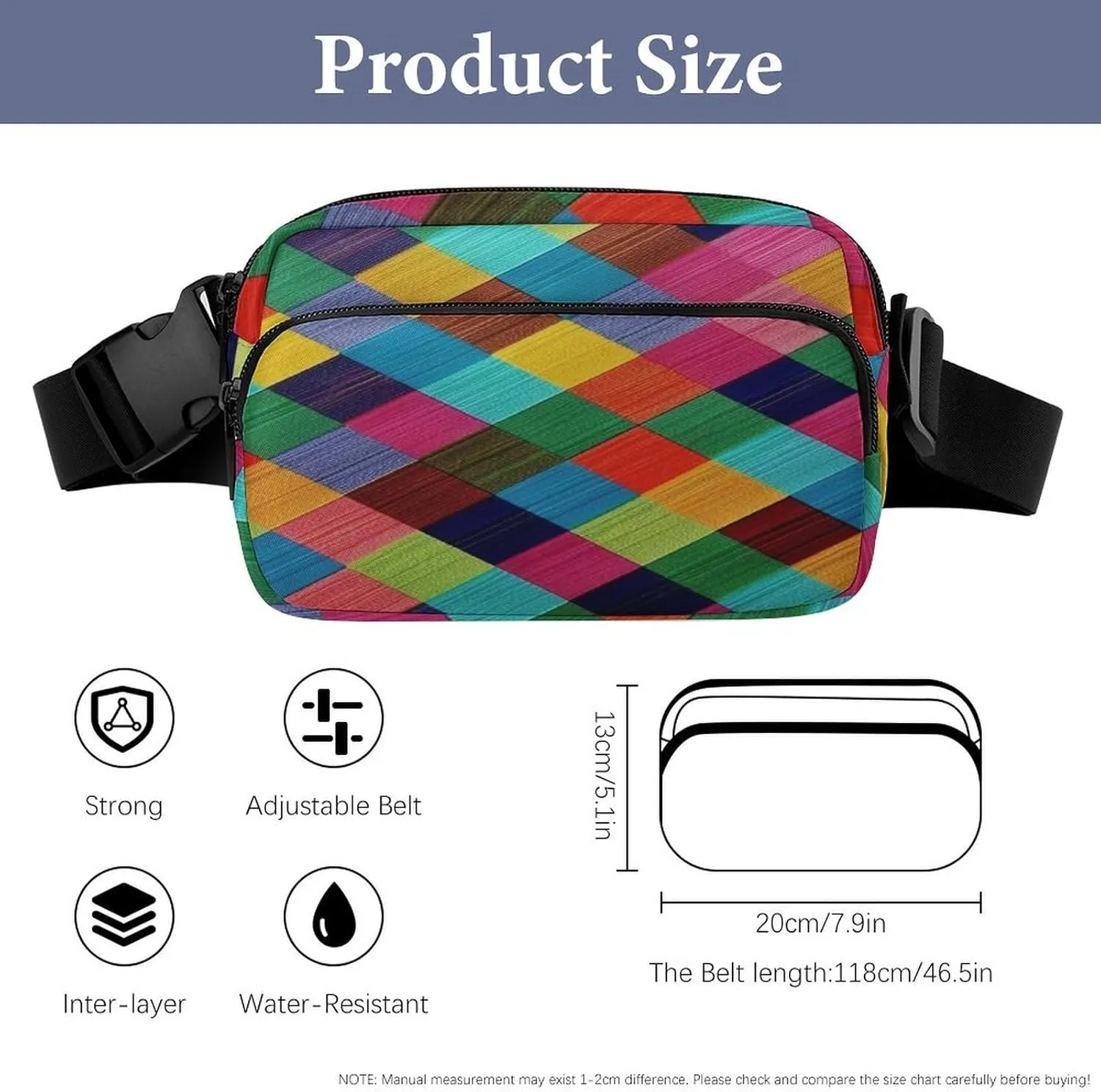 Large Waist Packs with Adjustable Strap,Colorful Plaid CrossBody Fanny Pack Casual Bag for Travel Sports Running Hiking