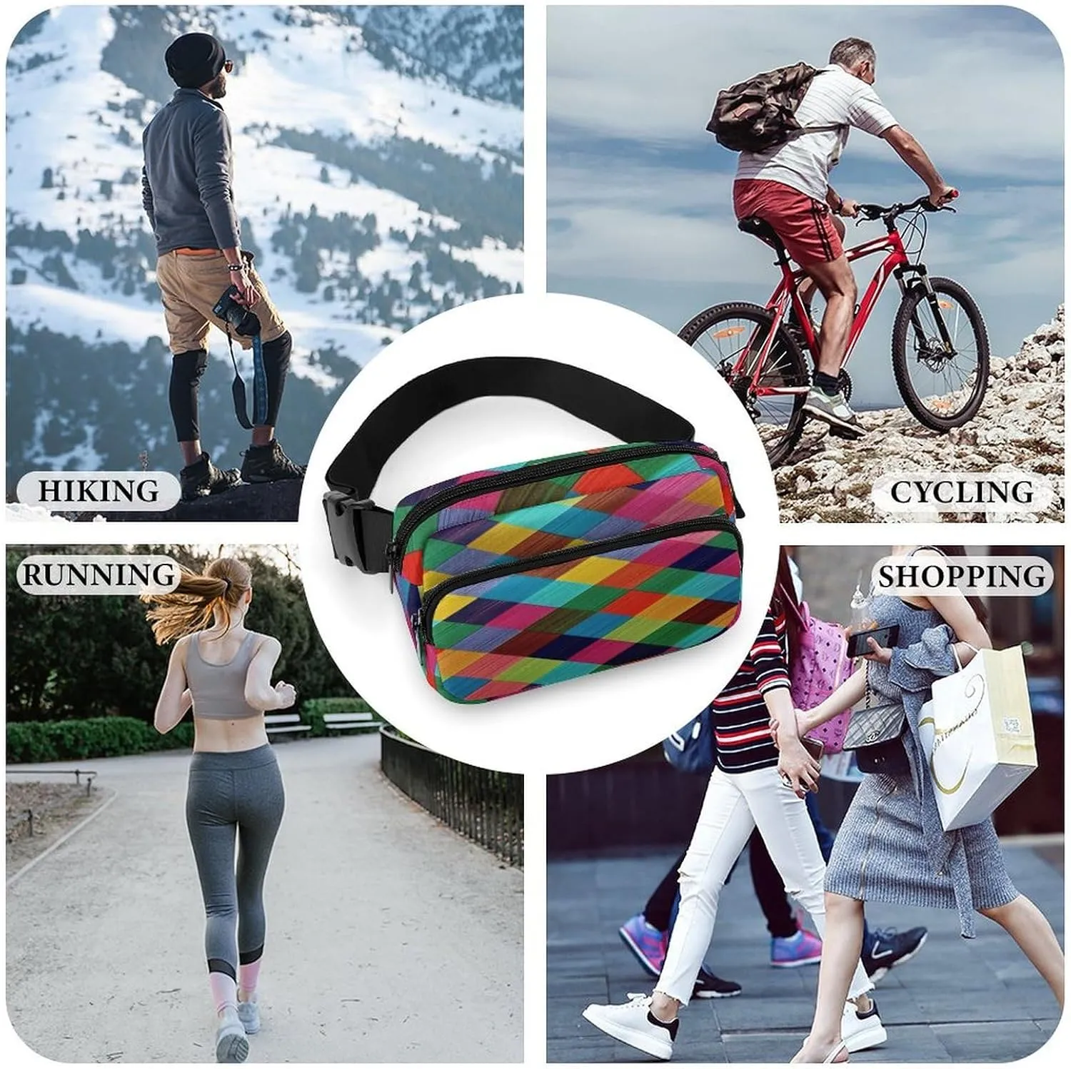 Large Waist Packs with Adjustable Strap,Colorful Plaid CrossBody Fanny Pack Casual Bag for Travel Sports Running Hiking