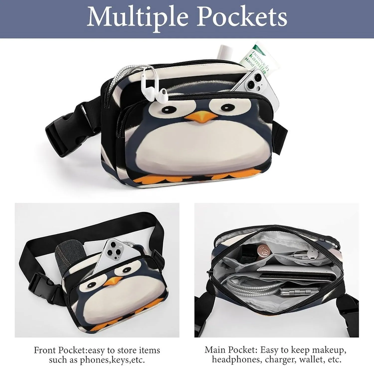 Large Waist Packs with Adjustable Strap,Cute Penguin CrossBody Fanny Pack Casual Bag for Travel Sports Running Hiking