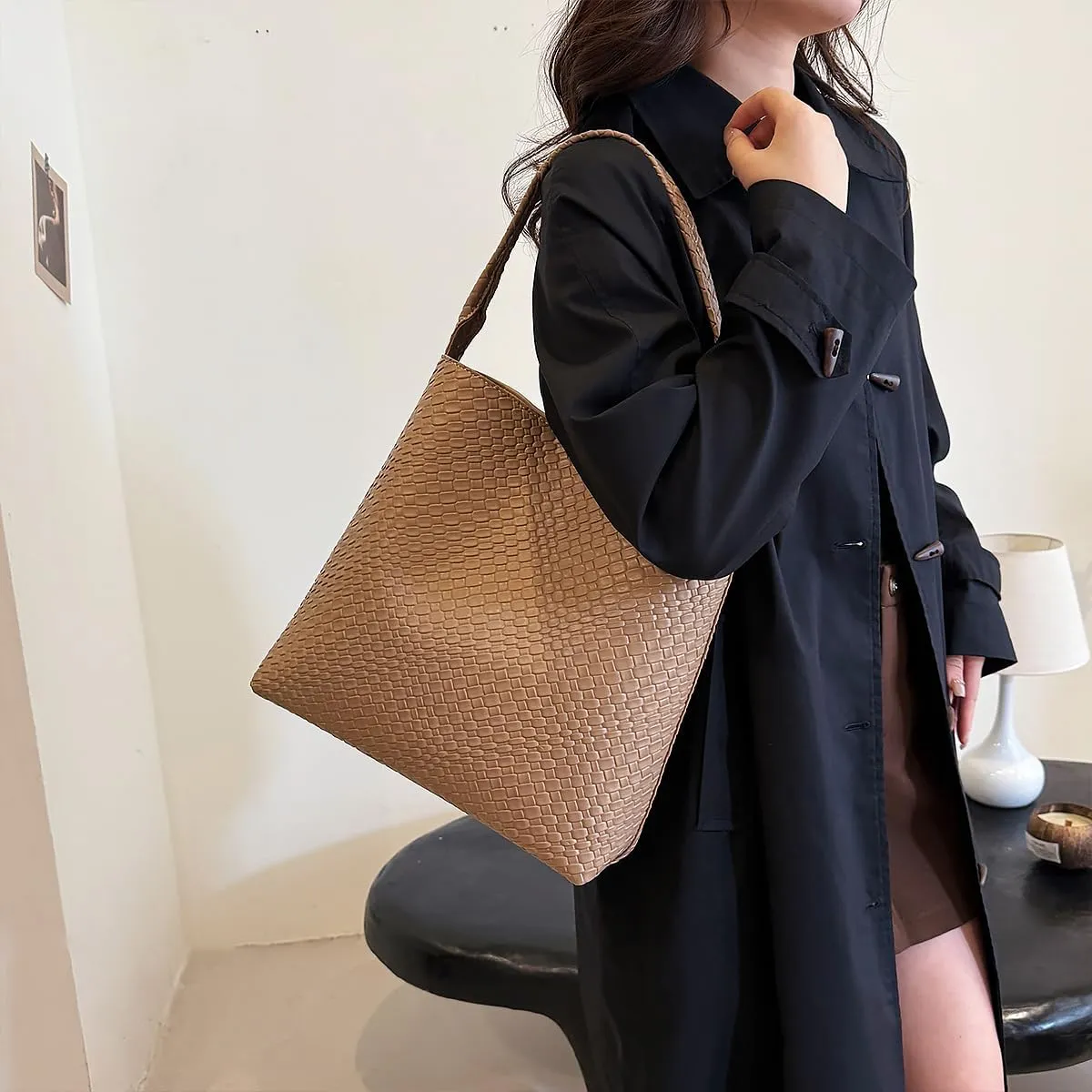 Large Woven Tote Bag for Women Top-handle Shoulder Bag Hobo Bags Soft Vegan Trendy Handbag Purse Lightweight Underarm