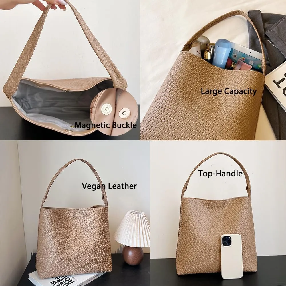 Large Woven Tote Bag for Women Top-handle Shoulder Bag Hobo Bags Soft Vegan Trendy Handbag Purse Lightweight Underarm