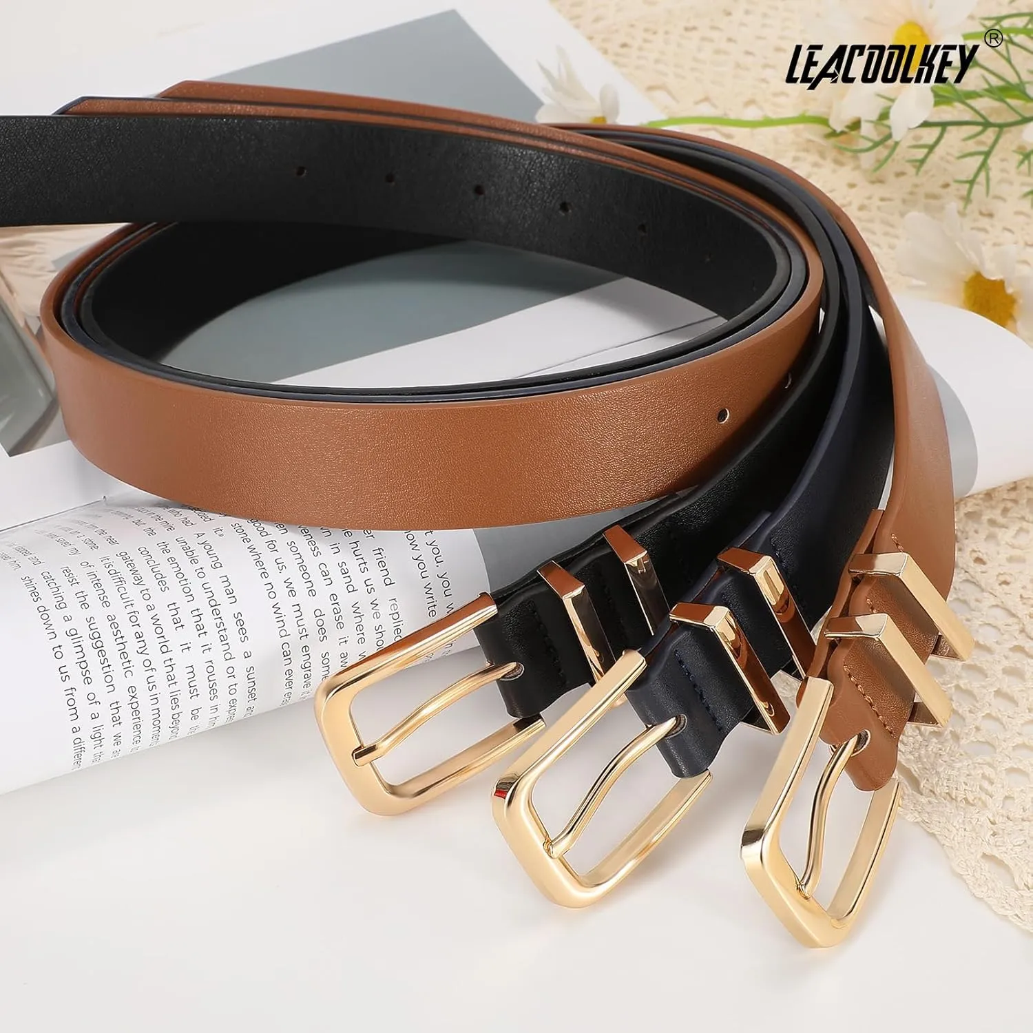 LEACOOLKEY 3 Pack Women's Leather Belts for Jeans Dress Pants Fashion Ladies Leather Belts with Gold/Sliver Buckle