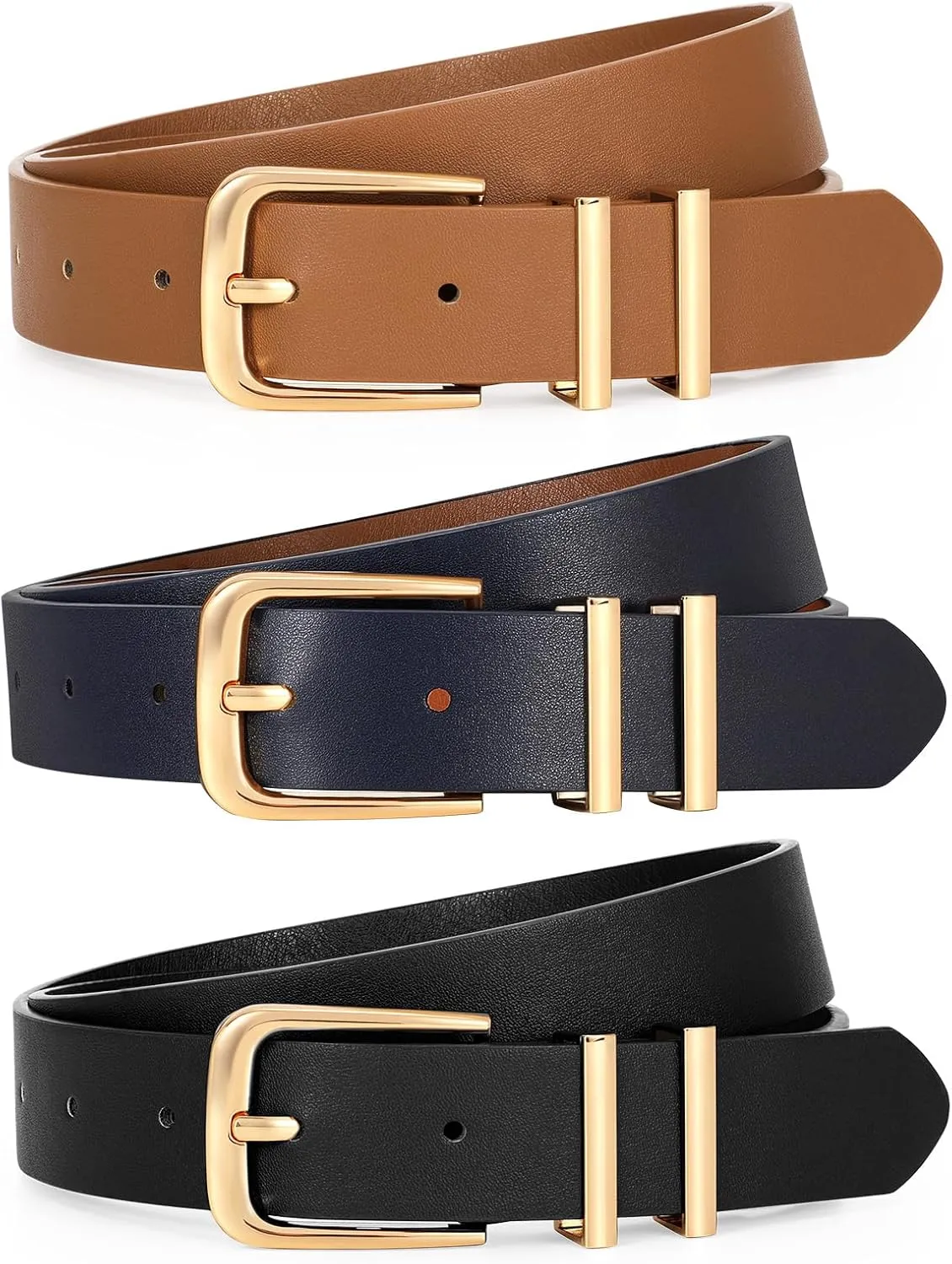 LEACOOLKEY 3 Pack Women's Leather Belts for Jeans Dress Pants Fashion Ladies Leather Belts with Gold/Sliver Buckle