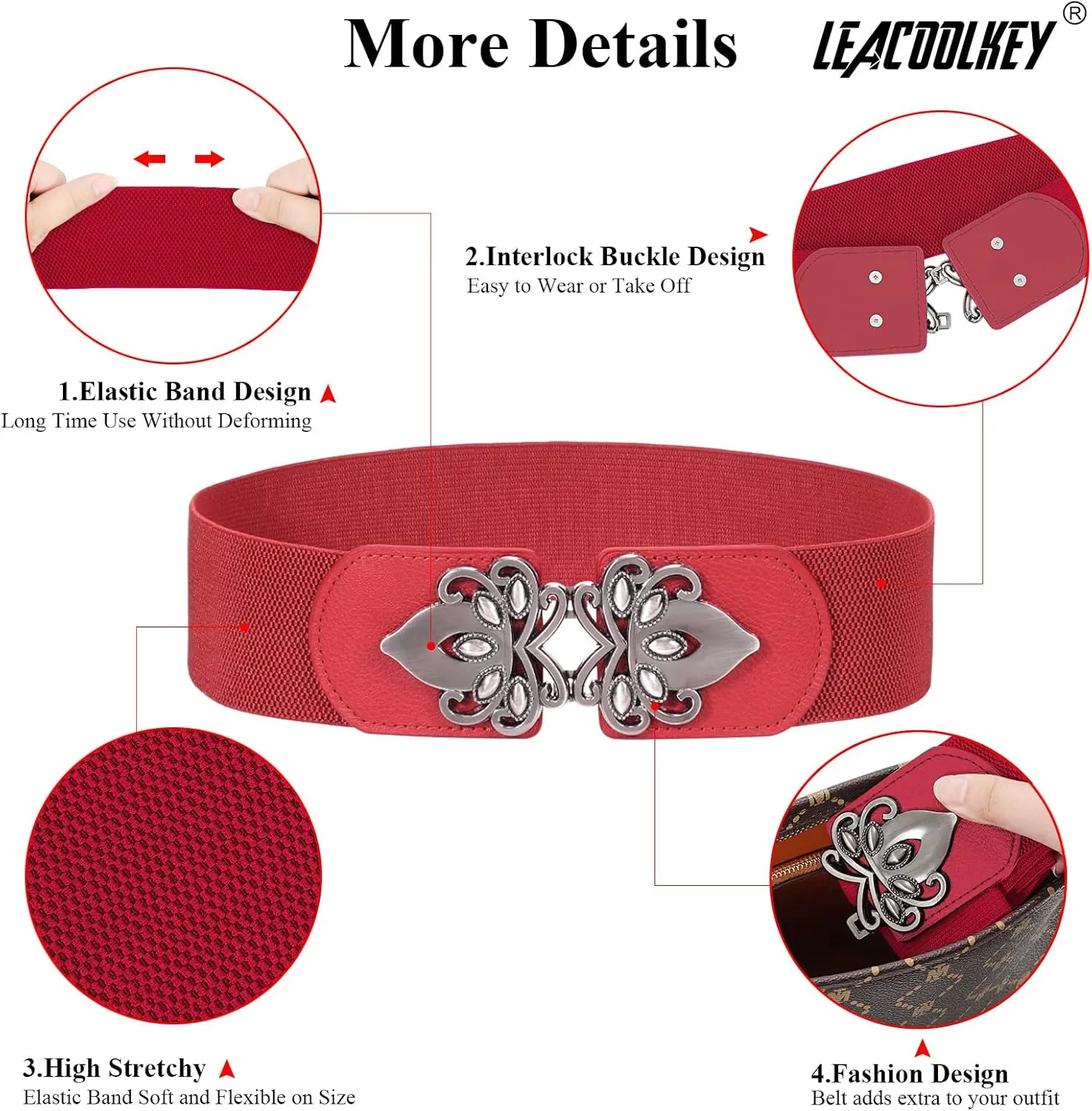 LEACOOLKEY 4 Pack Women Wide Elastic Waist Belt for Dress Vintage Stretch Cinch Belt Retro Buckle 2.36" Width
