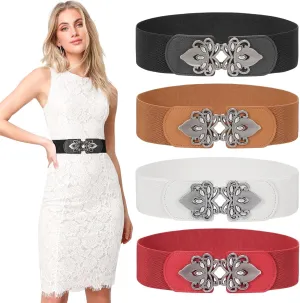 LEACOOLKEY 4 Pack Women Wide Elastic Waist Belt for Dress Vintage Stretch Cinch Belt Retro Buckle 2.36" Width