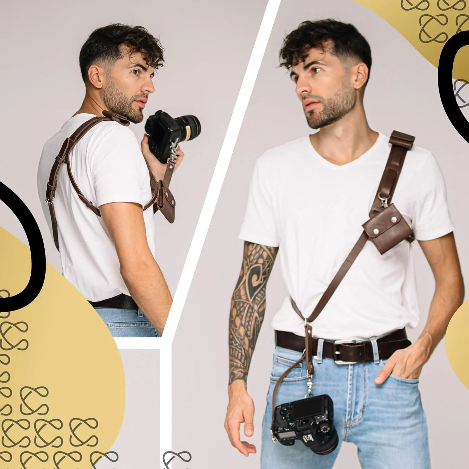 Leather Camera Strap for One Camera - Professional Single Leather Harness Shoulder Strap with Sd Card Holder & Battery Holder, Quick Release Gear for DSLR/SLR, Brown