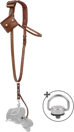 Leather Camera Strap for One Camera - Professional Single Leather Harness Shoulder Strap with Sd Card Holder & Battery Holder, Quick Release Gear for DSLR/SLR, Brown